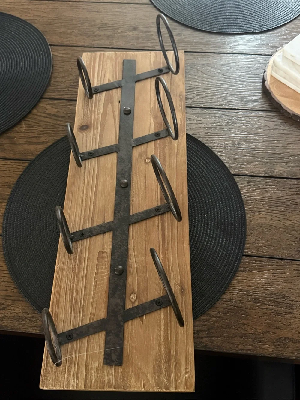 Rustic Wooden Wine Rack with Iron Holders - Black/Brown